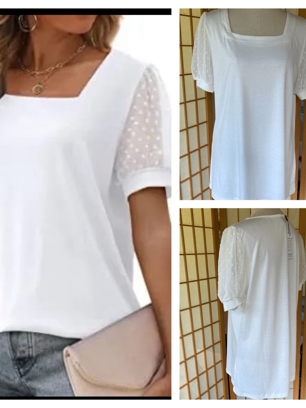 RubZoof White Square Neck Top with Sheer Swiss Dot Puff Sleeves SZ L NWT
